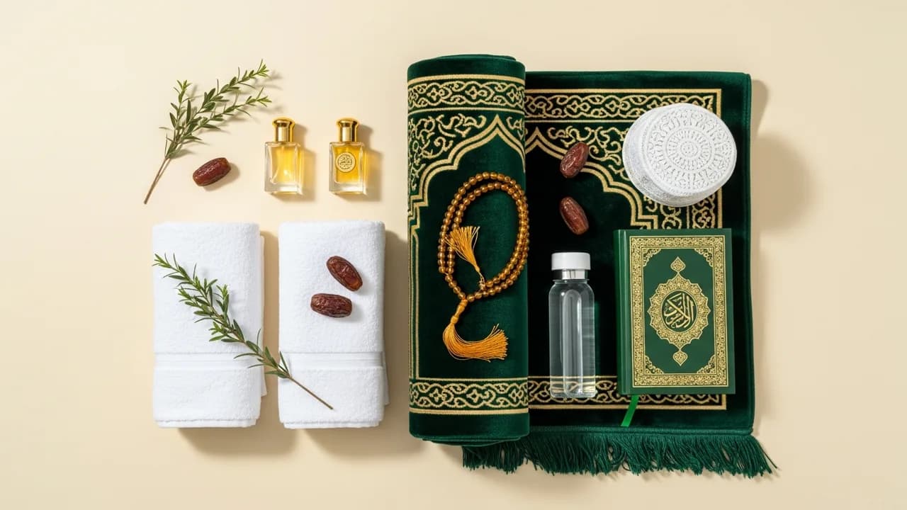 Hac ve umre hazırlık seti içeriği: seccade, ihram havluları, tesbih, koku, Kur'an, takke ve zemzem